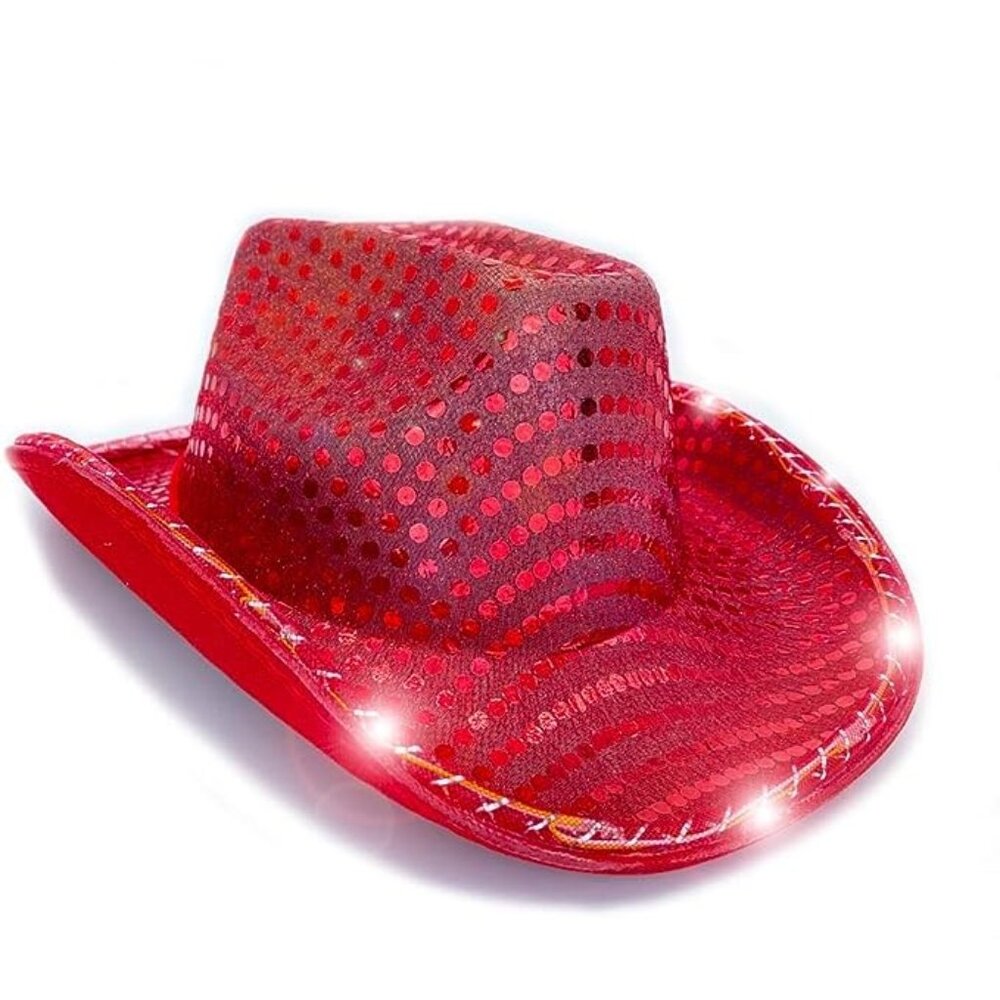 Red Sequin Light Up LED Flashing Cowboy Hat with Sequins LEDS, Cowgirl, Western‎ - Picture 2 of 4